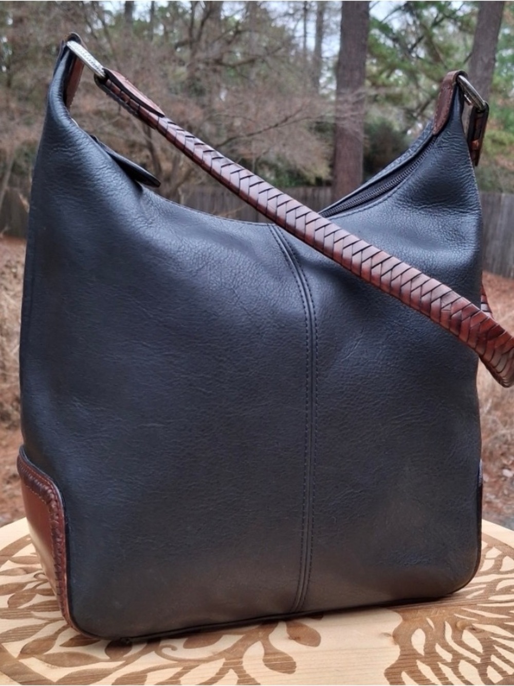 Fossil Black Leather Shoulder Hobo with Brown Braided Strap